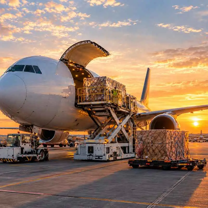 Cargo airplane being loaded with freight at sunset - Air Freight Services by The Mart Logistics