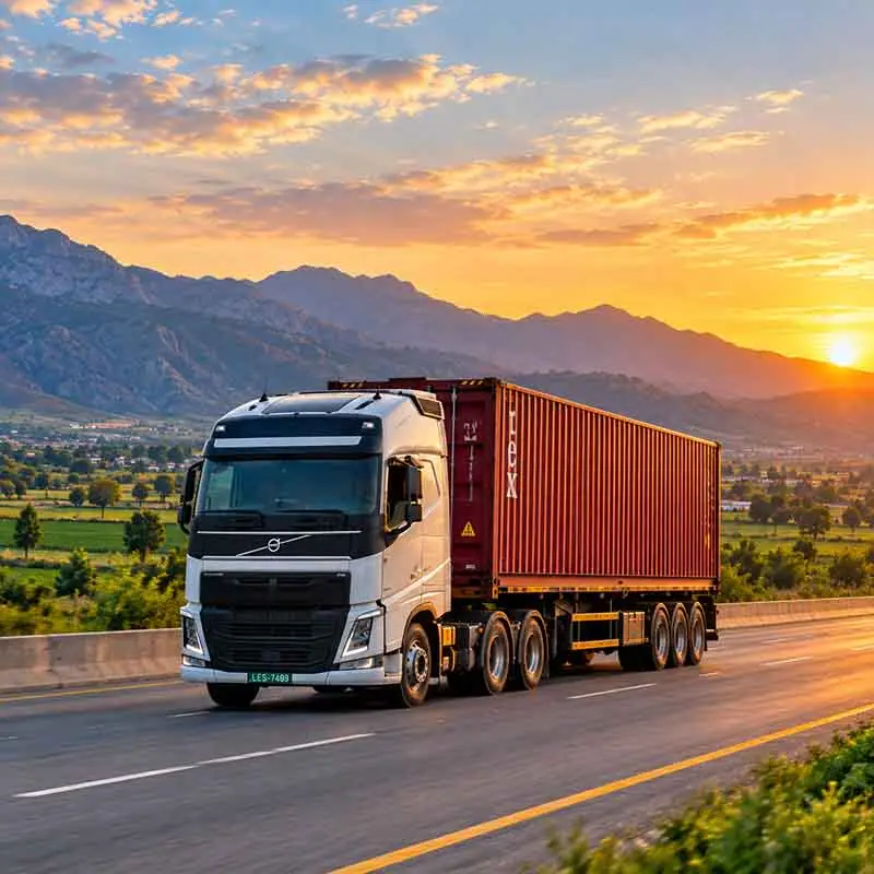 Container truck driving on a highway through green fields and mountains at sunset - Road Freight Services by The Mart Logistics