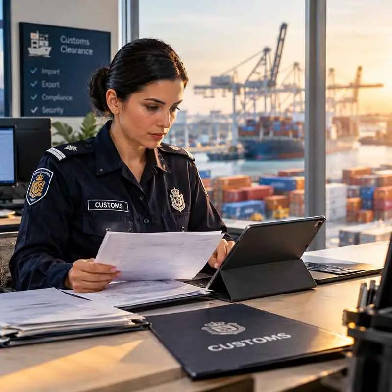 Customs officer reviewing documents and a tablet at a port office - Customs Clearance Services by The Mart Logistics