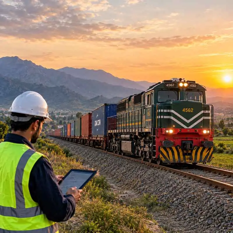 Freight train carrying colorful containers through a mountain landscape at sunset, with a logistics worker checking a tablet - Rail Freight Services by The Mart Logistics