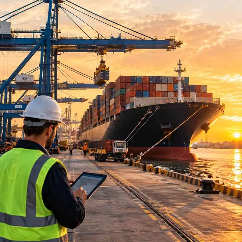 Logistics coordinator reviewing a tablet beside a container ship at a busy seaport - Ocean Freight Services by The Mart Logistics