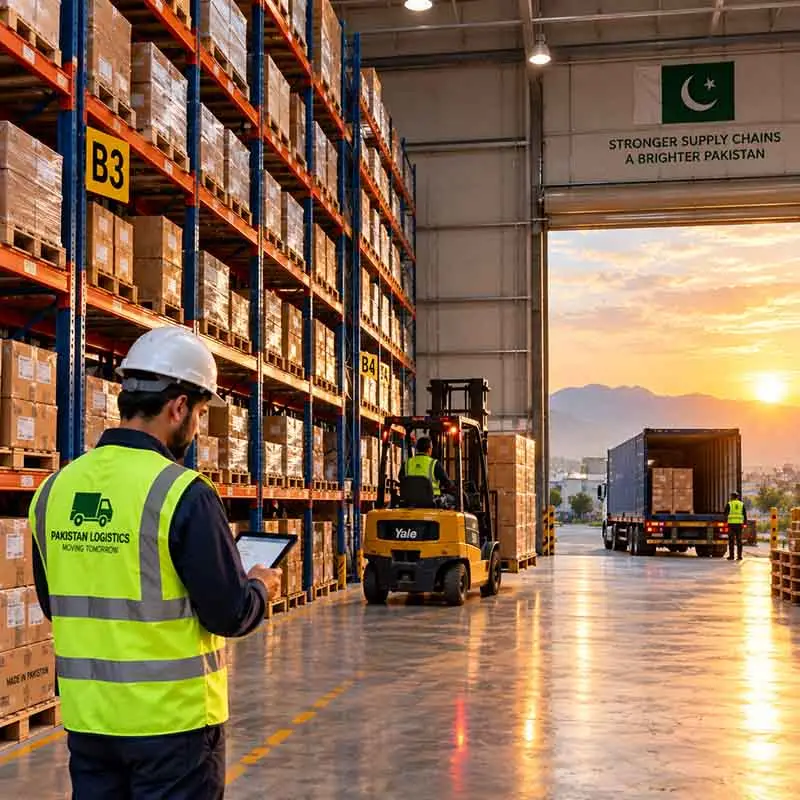 Warehouse worker checking inventory while a forklift moves between stacked boxes - Warehouse Solution by The Mart Logistics
